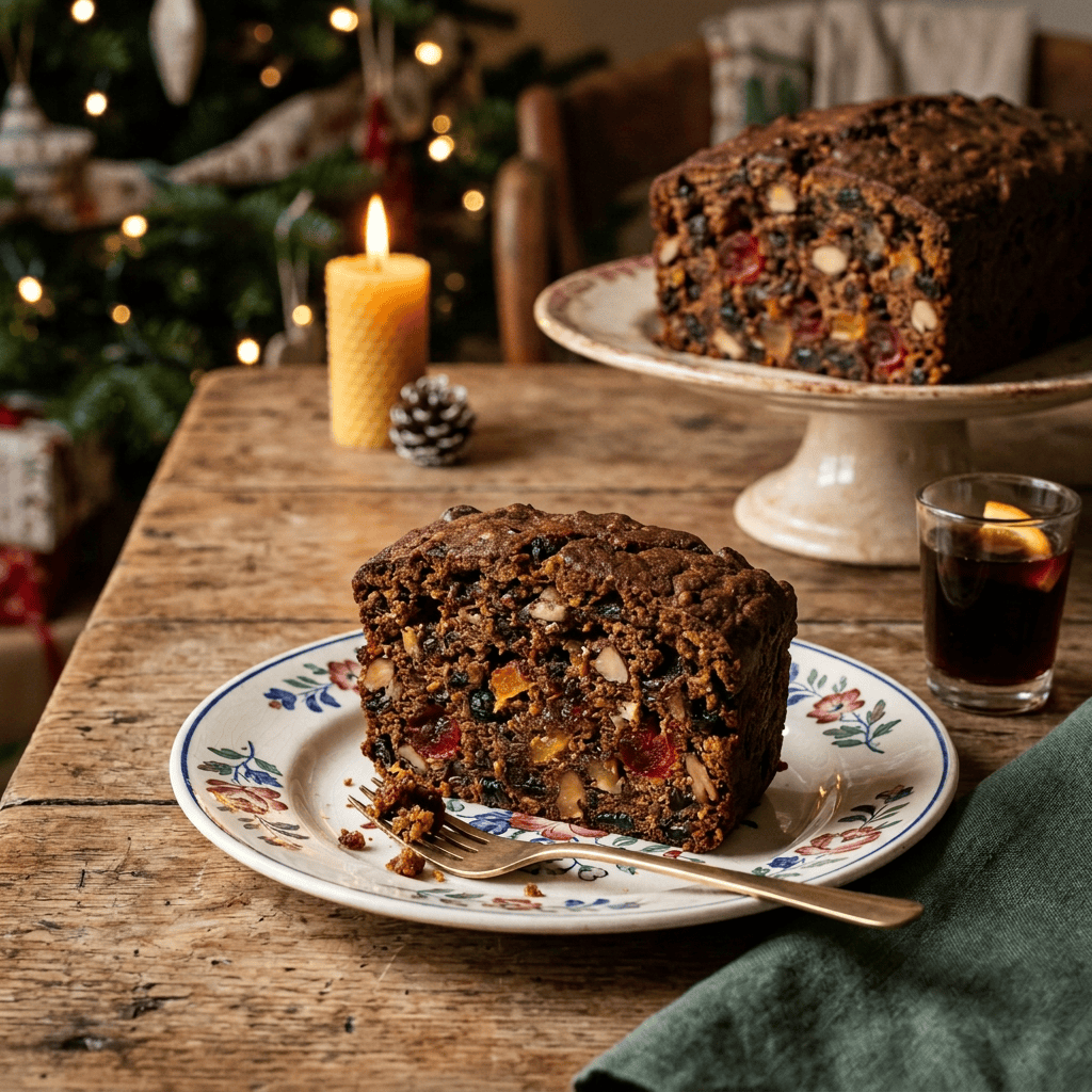 Festive fruitcake slice topped with icing and holly on a floral plate
