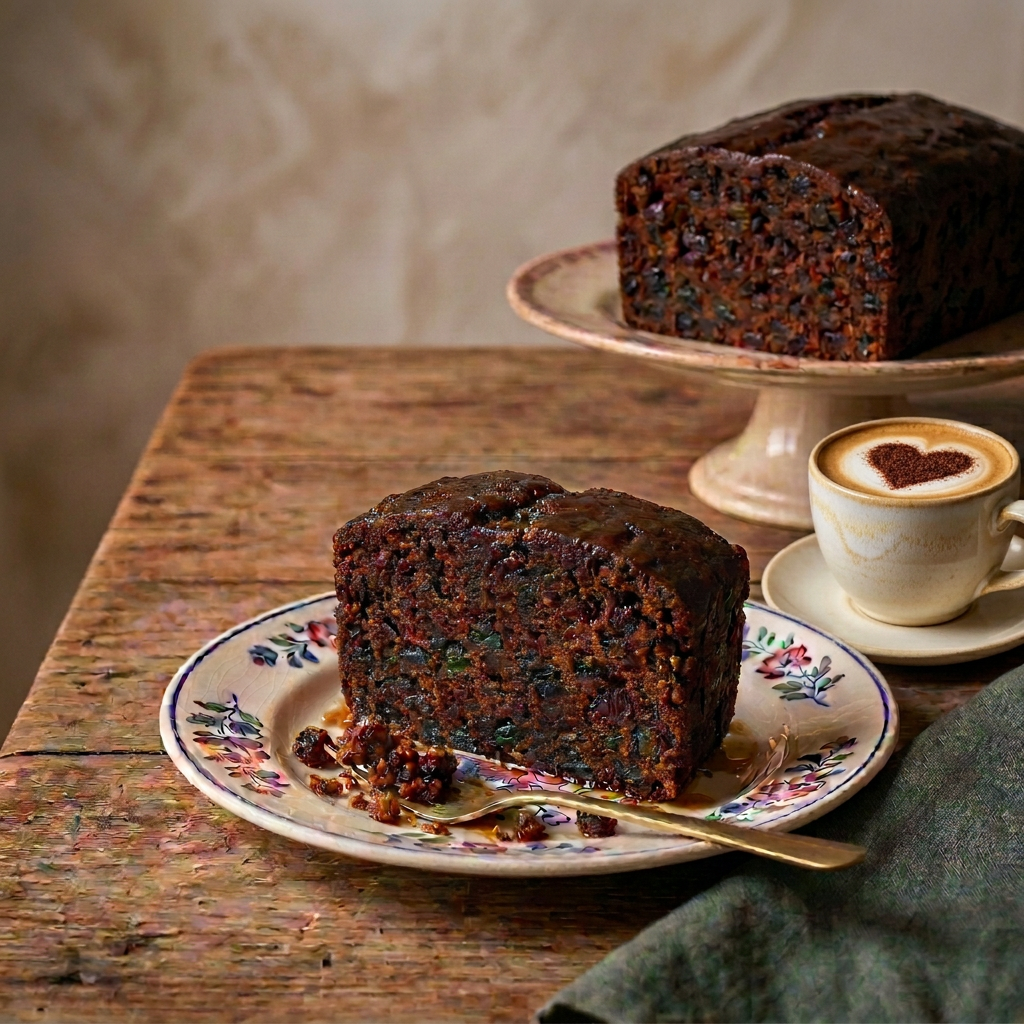 Festive Christmas fruitcake served by candlelight Festive fruitcake slice topped with icing and holly on a floral plate